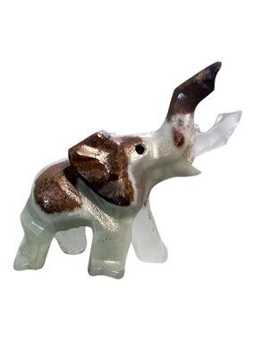 Carved Stone Elephant Figurine In Two-Tone Brown & White 2.5 Inches Tall